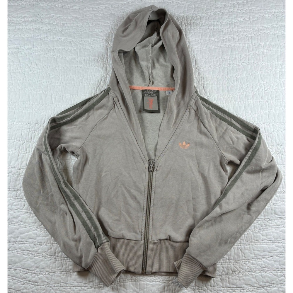 Vtg Adidas Grun Bamboo Crop Full Zip Hoodie Jacket Khaki Trefoil Y2K XS no tag